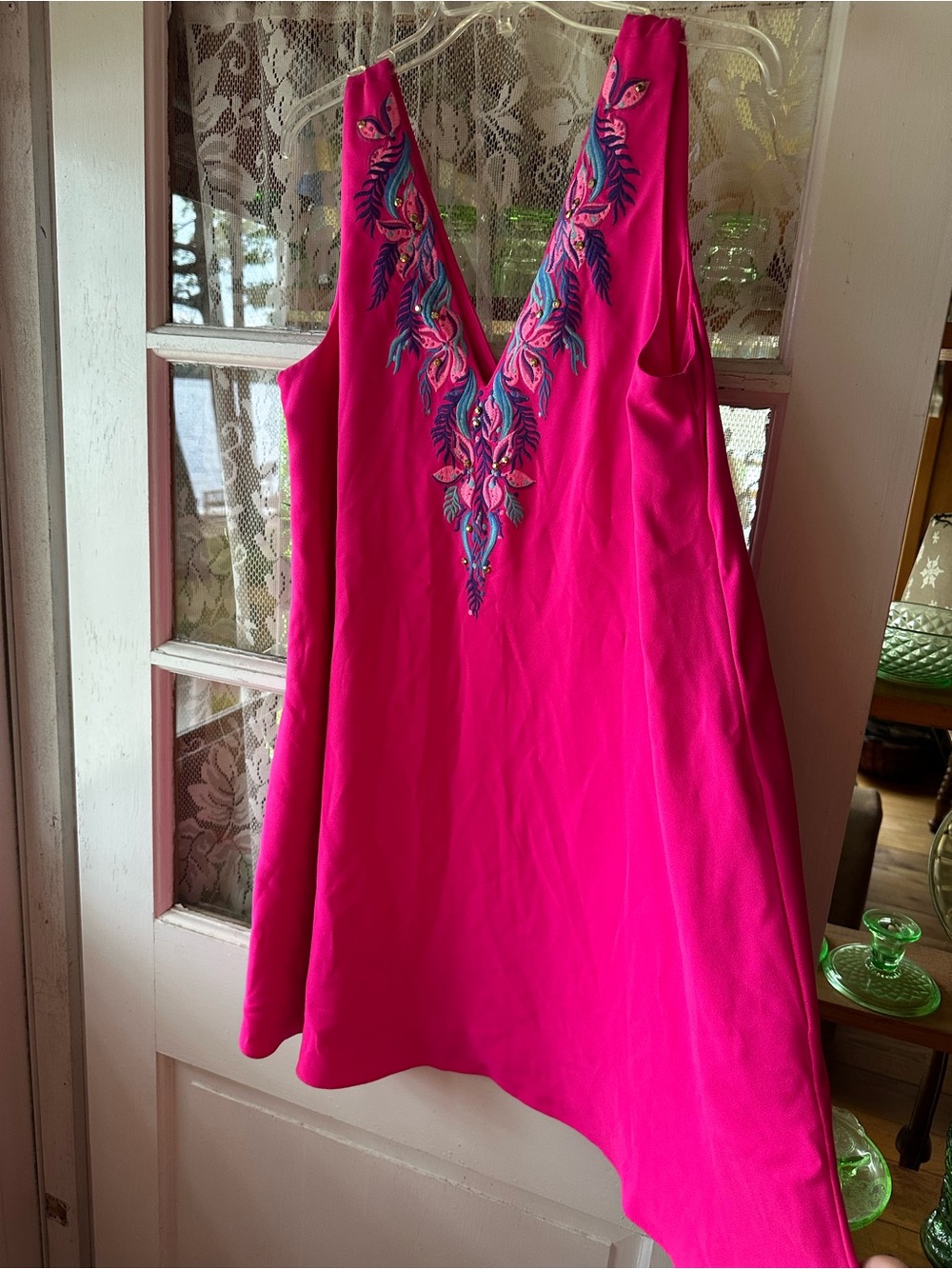 Bright Pink Embroidered V-Neck Women's Dress